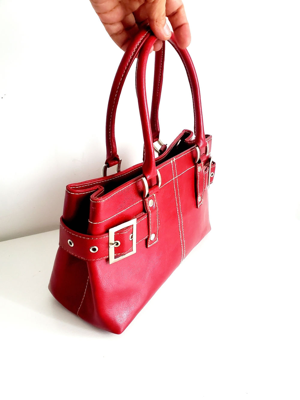 Classic Red Leather Shoulder Bag with Buckle Detail